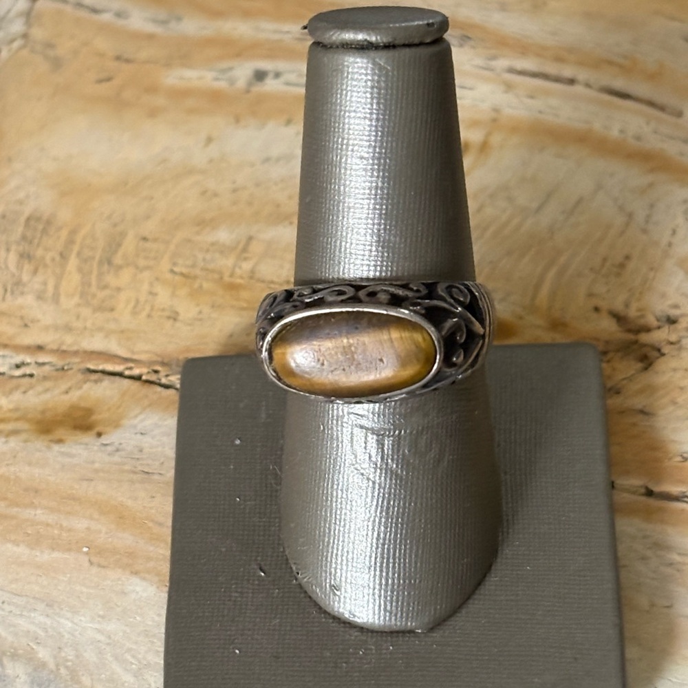 Tigers Eye Sterling Silver Scrolled Statement Ring
